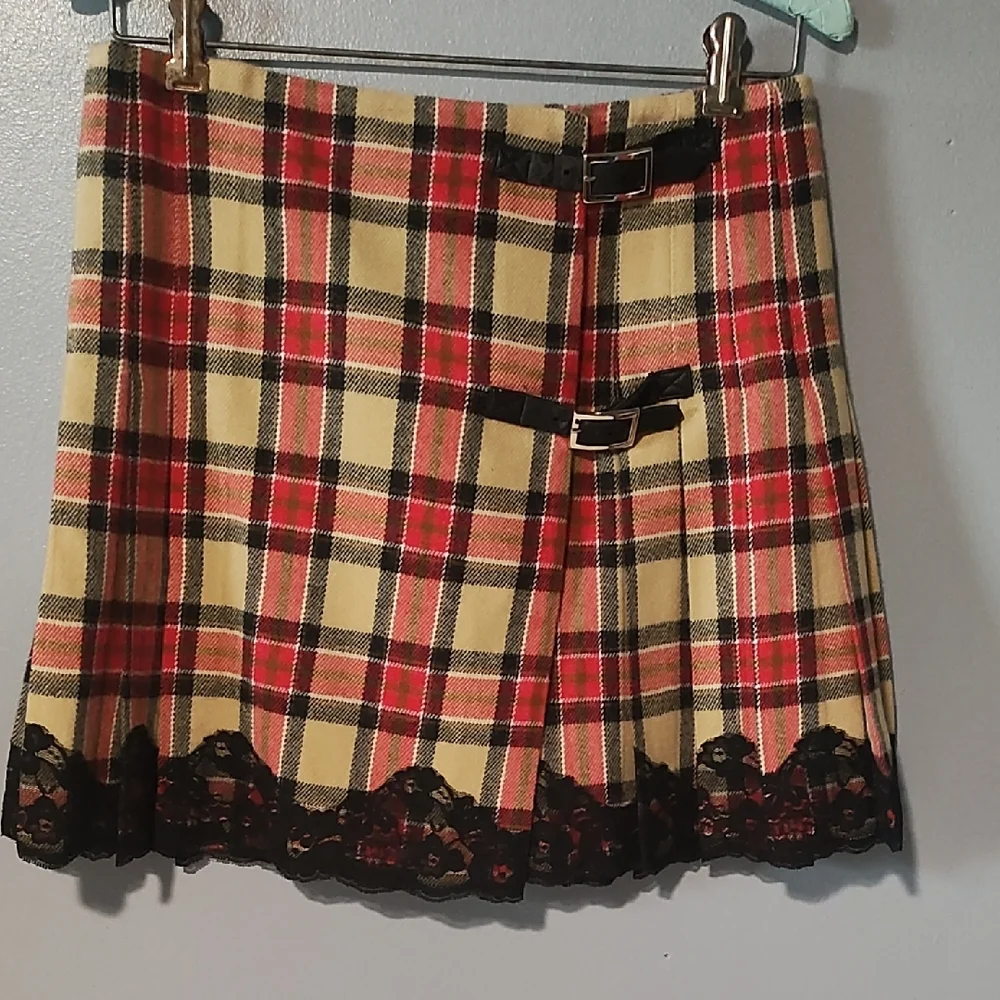 Moda International Red , Tan ,Black And White Pleated Plaid Mini Skirt